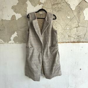 Plaid Vest Long Mystree Brown Cream Check Sleeveless Blazer Workwear Womens L